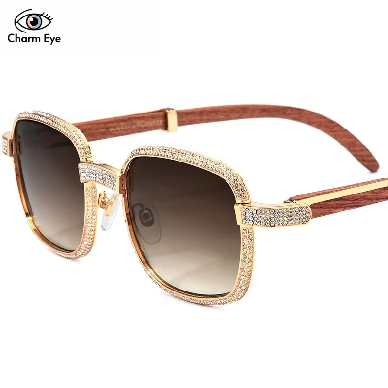 Women High End Diamond Optical Sunglasses Metal Handmade Redwood Leg Square Outdoor Travel Driving Sunscreen SUN GLASSES UV400