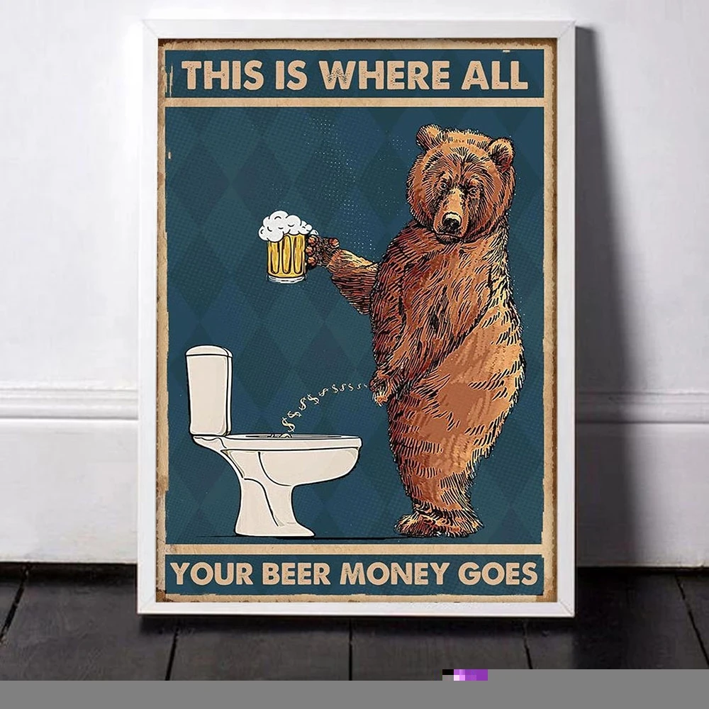 

Grumpy Bear Drinking Beer To The Bathroom Toilet Mural Modern Posters Canvas Wall Pictures Home Decor for Living Room Paintings