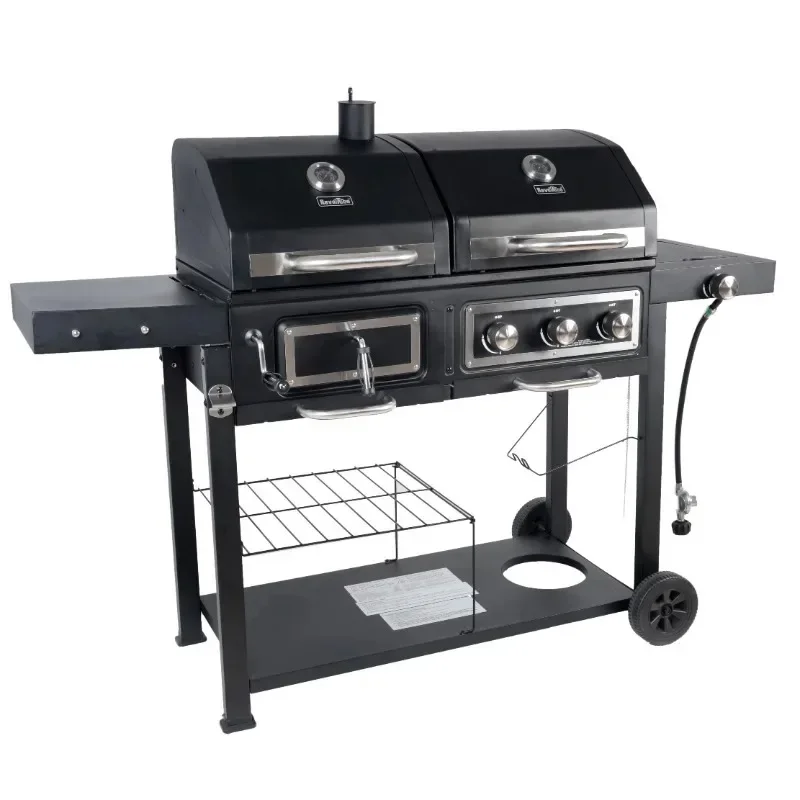 Outdoor Grill, Dual Fuel Gas and Charcoal Combination Grill, Black with Stainless Steel