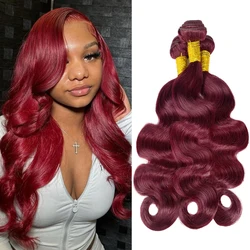 Body Wave Bundles 99J Burgundy Hair Extensions Human Hair 100% Unprocessed Virgin Brazilian Wavy Human Hair Red Remy 1/3 Bundle