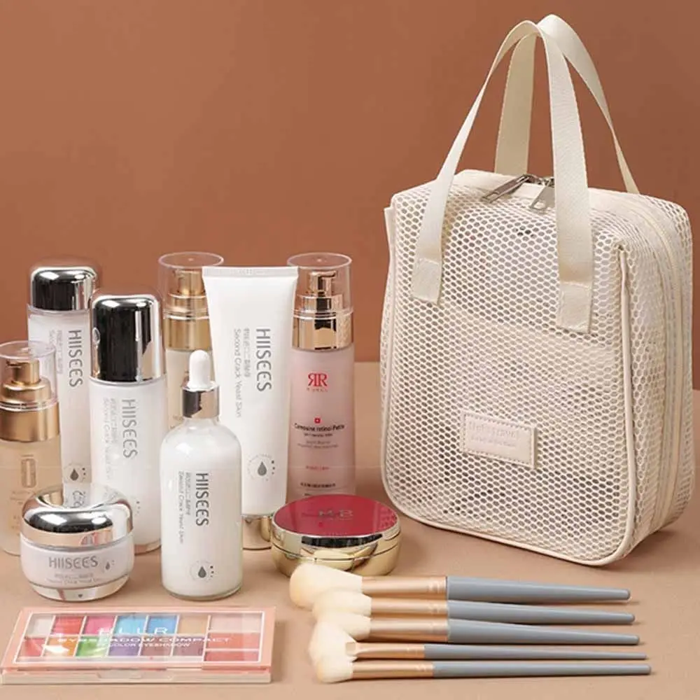 

Casual Solid Color Mesh Cosmetic Bag Shell Large Capacity Transparent Makeup Bag Zipper Toiletry Bag Pillow Makeup Pouch Girls