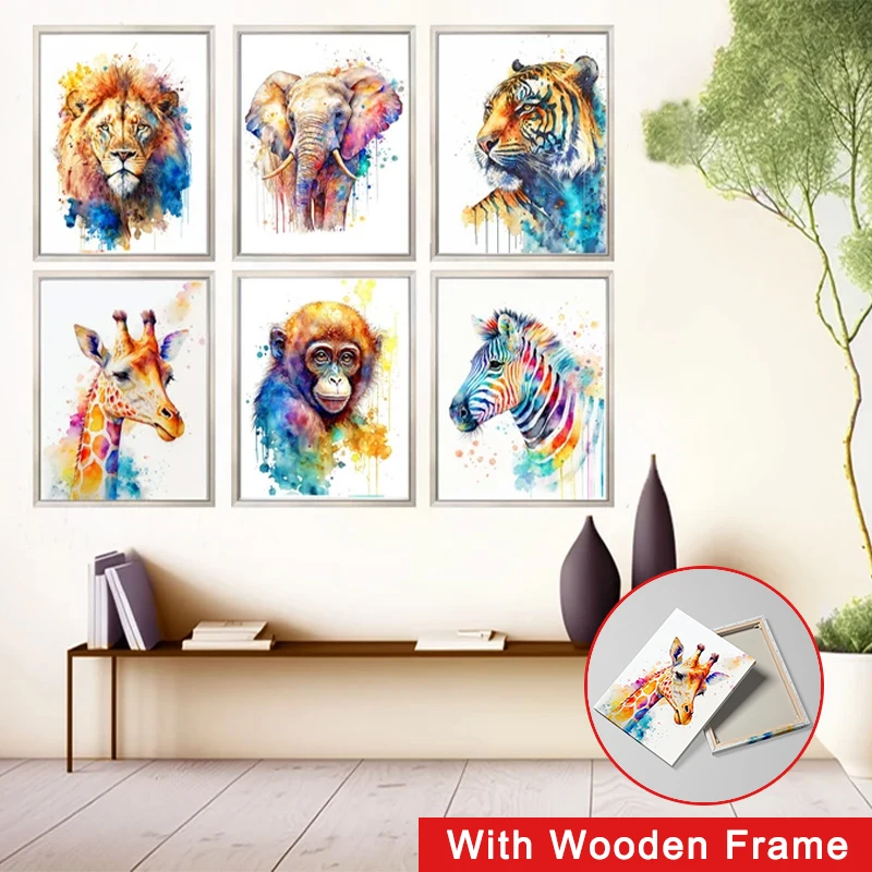 

Framed Watercolor Animal Art Posters Lion Elephant Tiger Natural Animal Canvas Painting Living Room Nursery Home Wall Art Decor