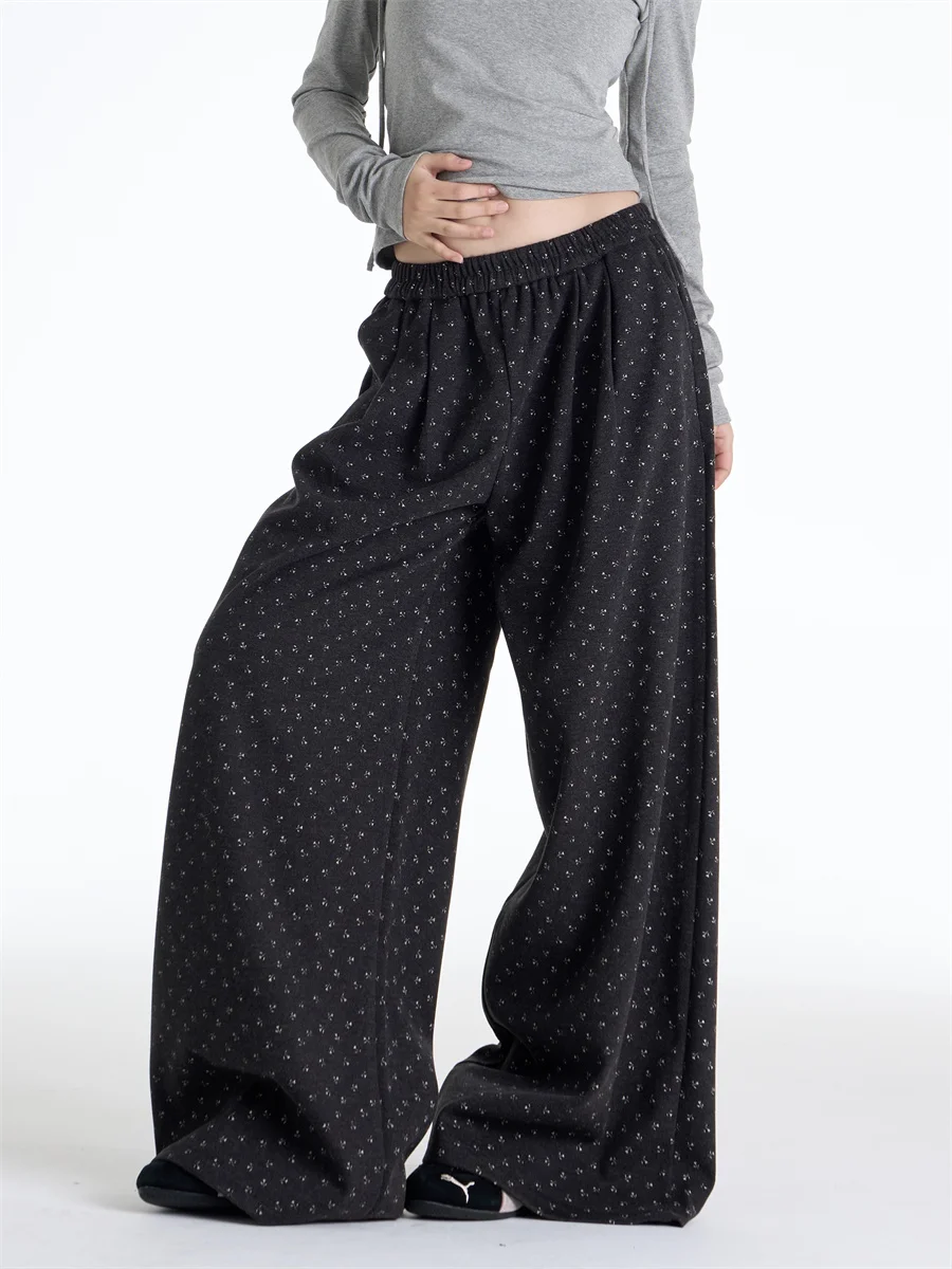 

American Retro Black Polka Dot Thin Fleece Wide Leg Pants Women's Lazy Style Slimming Drape Casual Straight Long Trousers