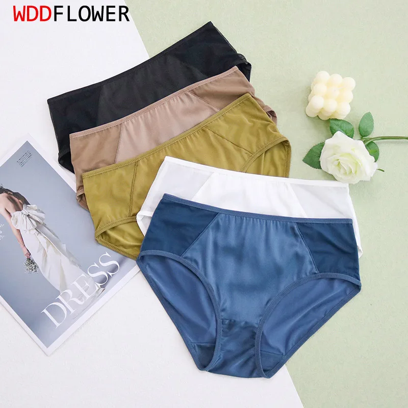 Women Silk Panties 3pcs/lot 100% Natural Silk Lining Sexy Mesh Mid-rise Briefs Underwear Lingerie M L TA015