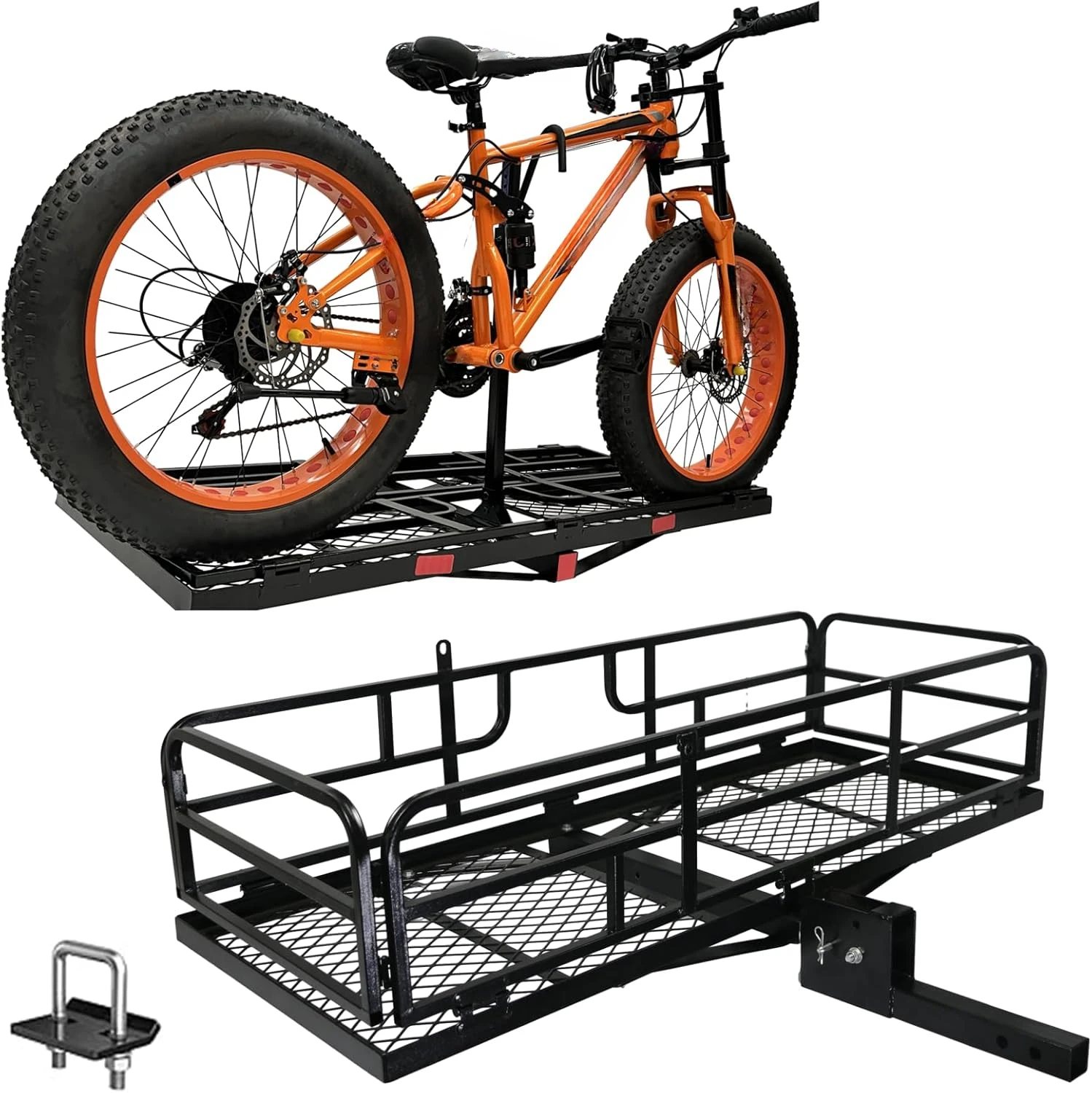 Hitch Mount Cargo Carrier Basket - Comes with Bike Rack Fits 2 Ebike Fat-Tire Electric Bicycle with Folding