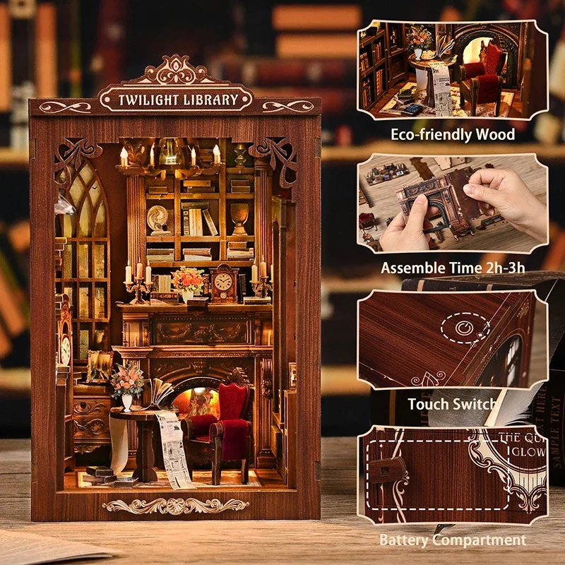 Twilight Library Book Nook DIY Kit,3D Wooden Booknook Miniature House Kit,Vintage Doll House Tiny Home Decor Gift for Adults