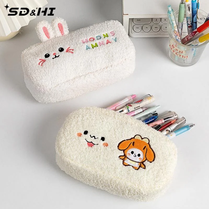 Cute Cartoon Plush Rabbit Bear Pencil Case Multifunction Creative Large Capacity Plush Pen Bag Supplies Stationery Storage Bag