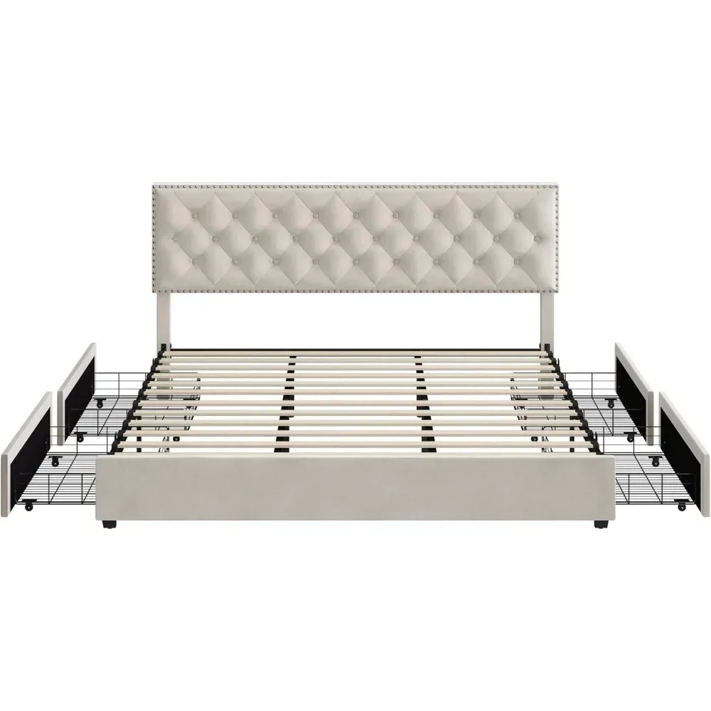 King Size Bed Frame with 4 Storage Drawers, Modern Upholstered Platform Bed with Wood Slat Support,No Box Spring Needed(Beige) image 6