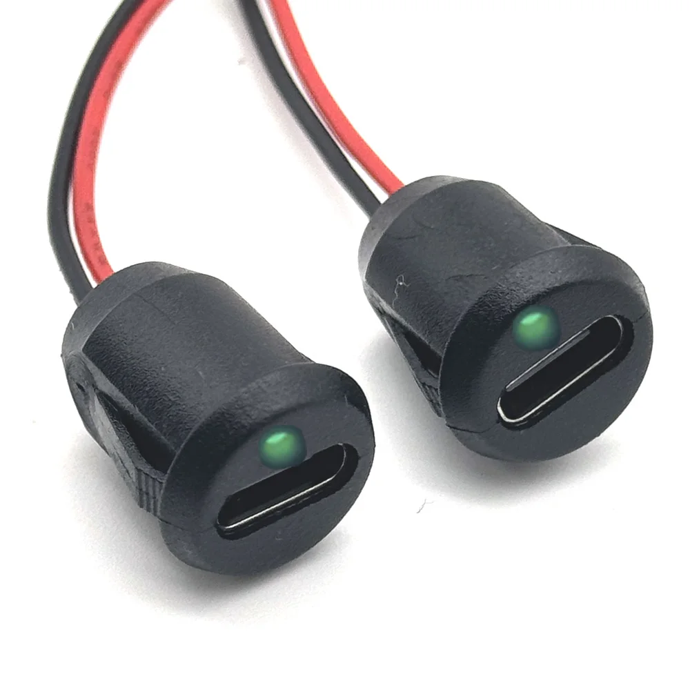 2pin With LED lights 24Awg USB Type C Direct compression Charging Socket Plate Waterproof USB-C Power Port Female Connector Jack