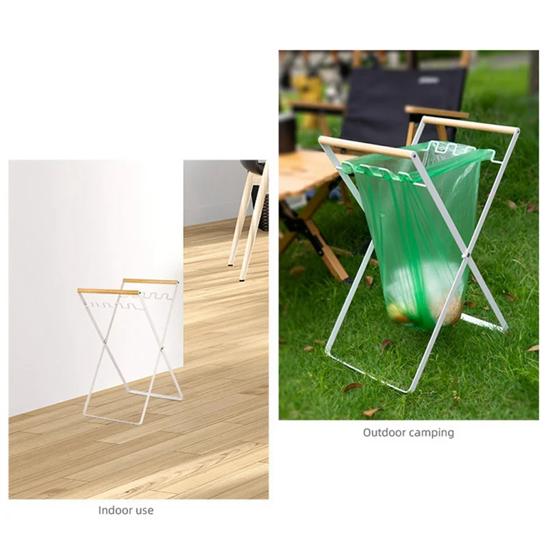 

B89B-Trash Bag Holder With Wood Handle Portable Kitchen Garbage Sorting Rack Separate Recycling Waste Bin For Camping