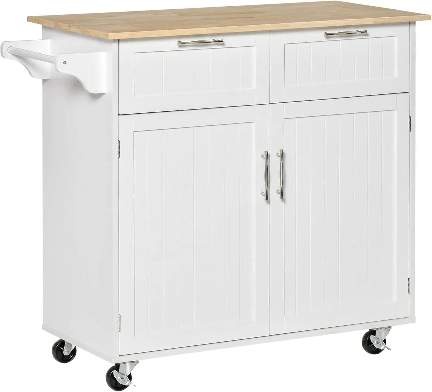 

41" Modern Rolling Kitchen Island on Wheels, Utility Cart Storage Trolley with Rubberwood Top & Drawers, White