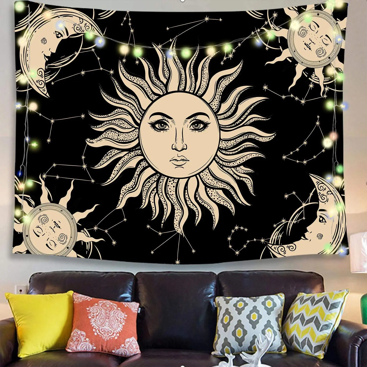 

Sun Face Tarot Wall Hanging Gold Moon Face Wall Hanging Hippie Home Decor Witchcraft Tapestry 200x150 Cm for Sofa Bed Dorm