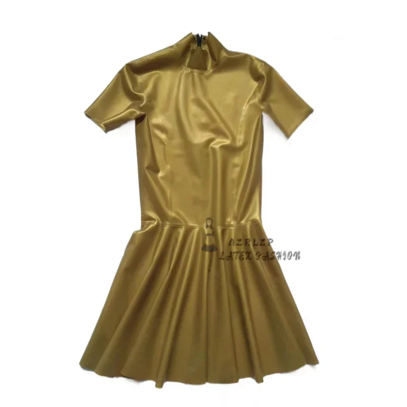 Sexy Gold Latex Dress Back Zipper Short Sleeves Rubber Bodycon Playsuit