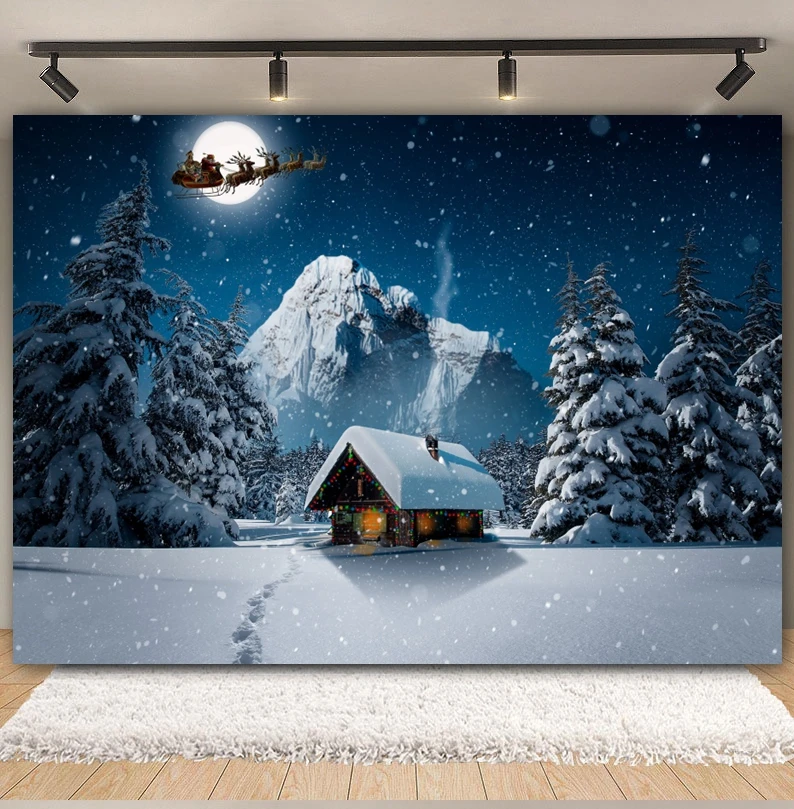 Winter Night Aurora Christmas Backdrop Starry Sky Moon Night Snowman Country House Natural Landscape Xmas Photography Background