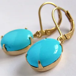 Fashion Simple Gold color Earrings Hand Inlaid Oval Turquoise Dangle Earrings Women's Party Jewelry