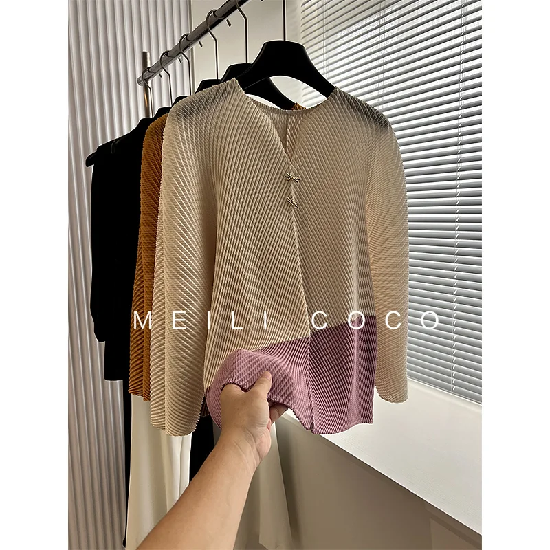 ALSEY 2024 Autumn New Dragon Scale Pleated Slim Hundred Fashion Temperament Long Sleeve Fashion Colorblocking Women's Blouse