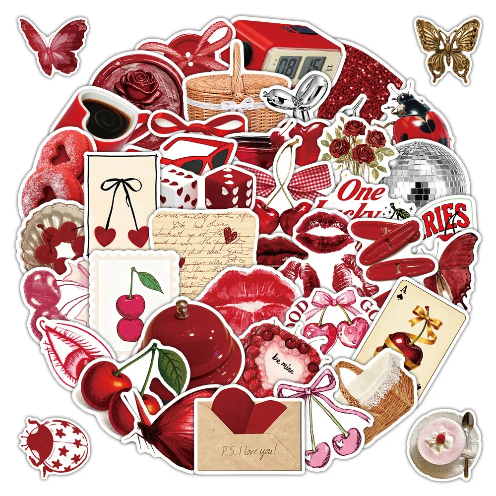 50Pcs Red Coquette Aesthetic Stickers Cute Cherry & Bow Decals for Journal Phone Case Decor Papery Pop Store