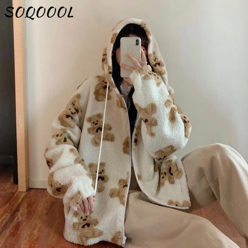 Cartoon Heart Bear Zip Up Hoodie Women Fleece Sweatshirt Hip Hop Warm Winter Loose Jacket Long Sleeve Hooded Shirt Teddy Coat