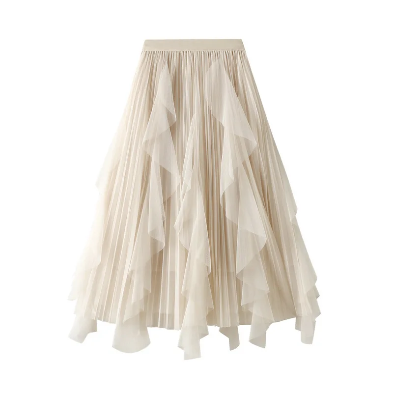 New In 2025 Spring Autumn High Waist Ruffles Spliced Mesh Pleated Midi Long Skirt For Women Sweet Elegant Tulle Tutu Skirts