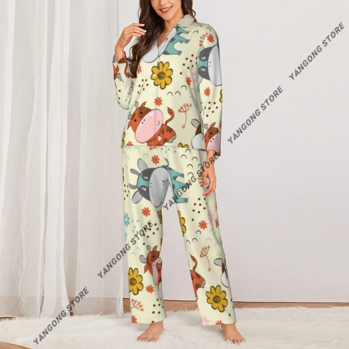 Cute Cows Womens Pajamas Loungewear Two-piece Sleepwear Button-Down Full Sleeve Long Pajamas Set