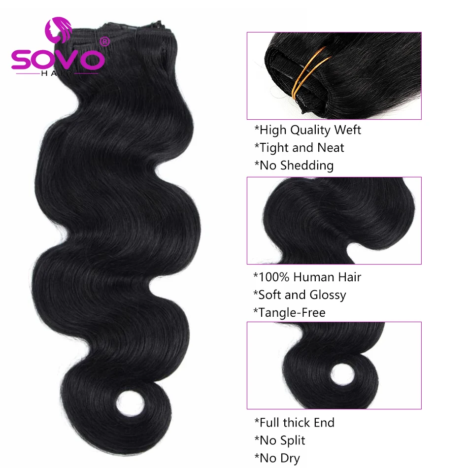 SOVO Body Wave Clip In Human Hair Extensions 10 Pcs/Set Natural Color Clip Ins Remy Hair 16-28 Inches 200 Gram Soft Salon Hair