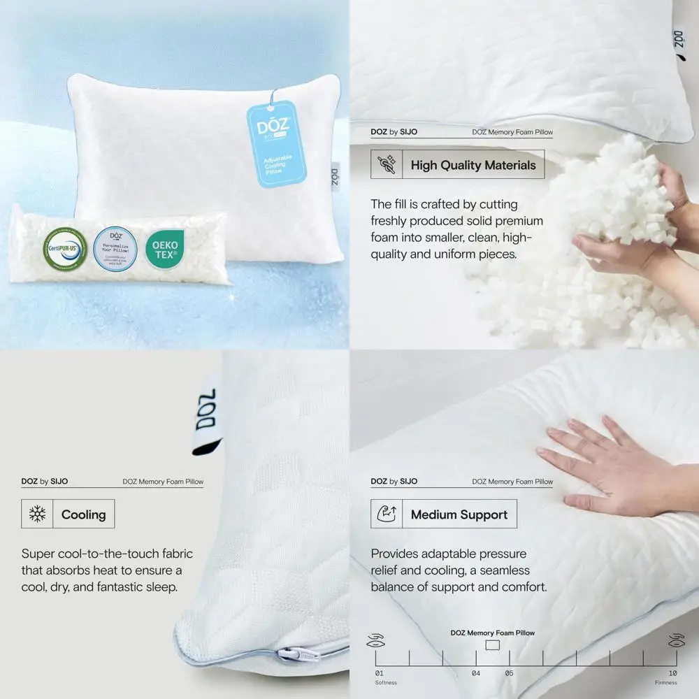 

DOZ Medium Firm Adjustable Bed Pillow with Cooling Surface and Shredded Memory Foam, Suitable for Back, Side, and Stomach Sleepe