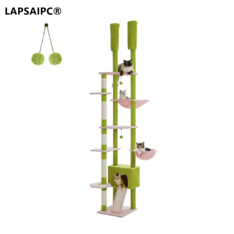 

Cactus Cat Tree Floor to Ceiling Cat Tower Adjustable Height with Cat Condo Cozy Hammock and Scratching Post Tall Activity Tree