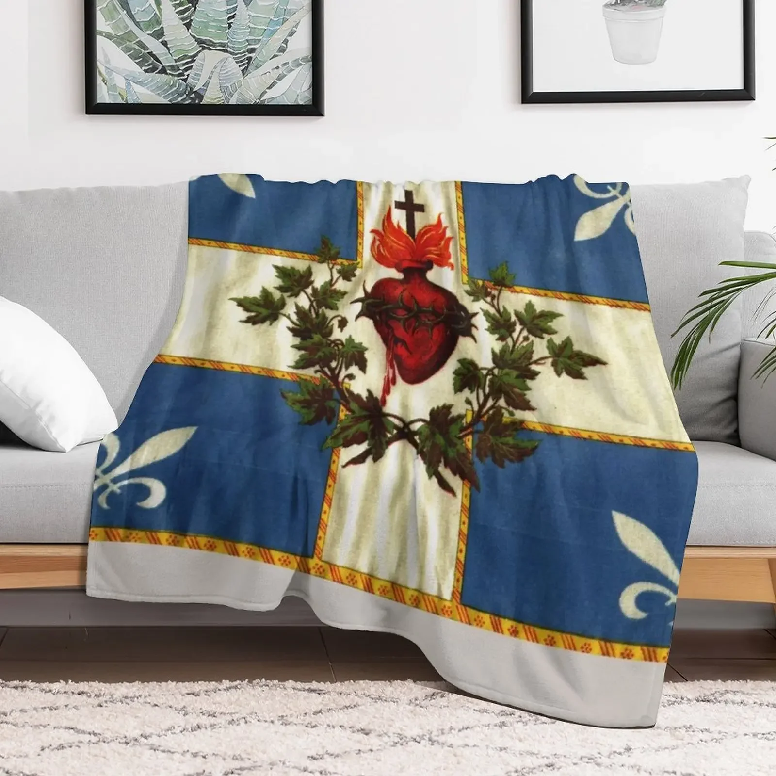 Quebec flag drapeau Québec Patriote Carillon Sacré-C?ur Christian Catholic old vintage edition with fleurs de lys Throw Blanket