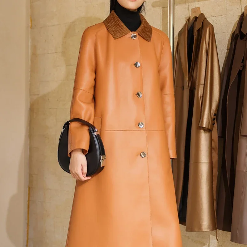 Autumn Winter 2022 New High End Double Sided Real Sheepskin Windbreaker Trench Coat Women\'s Mid Long Yellow Leather Jacket FCY