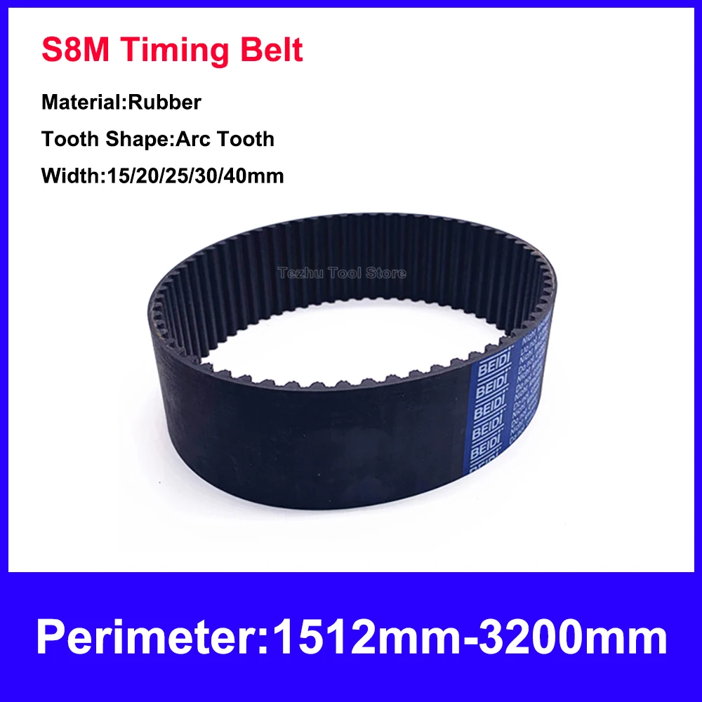 1PCS S8M Timing Belt Black Rubber Closed Loop Synchronous Belt Width 15/20/25/30/40mm Perimeter 1512mm-3200mm