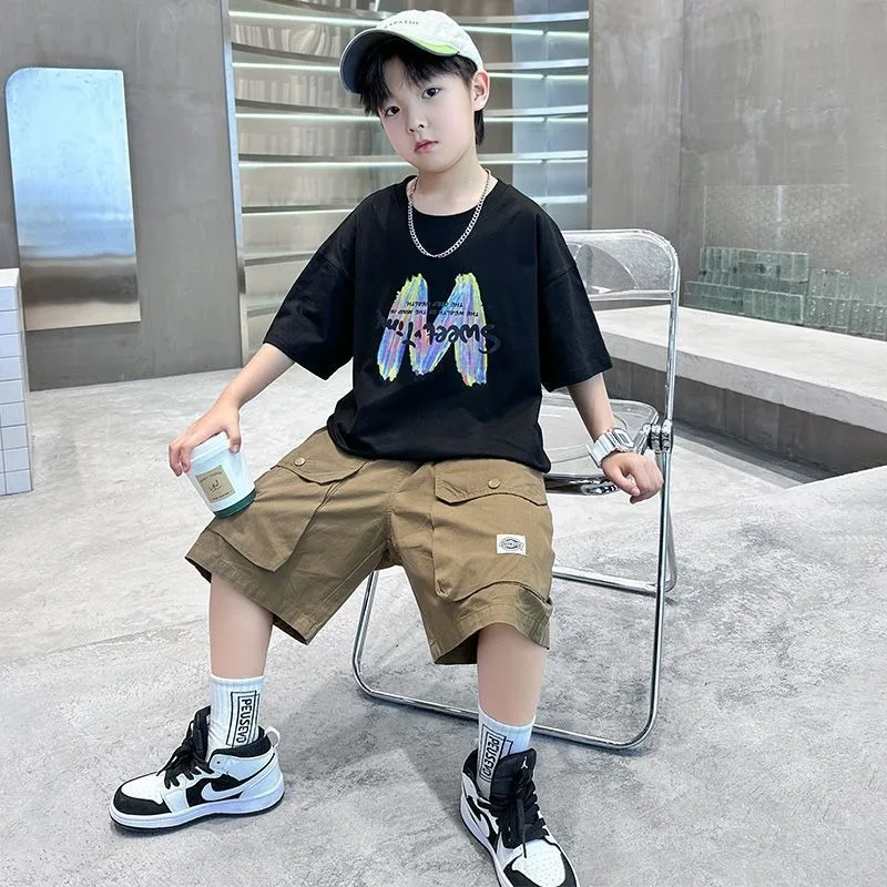 

Letter Print Short-sleeved Shorts Casual Clothes Boys Outfit Set Sets for Boy Junior Top Bottom Home Clothing T-shirts Children