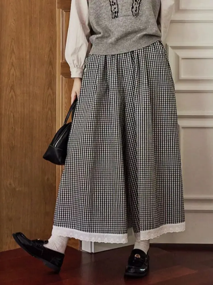 

Women's Casual Loose Wide Leg Pants Elastic High Waist Pocket Black White Gingham Trousers With Lace Trim For Daily Wear Summer