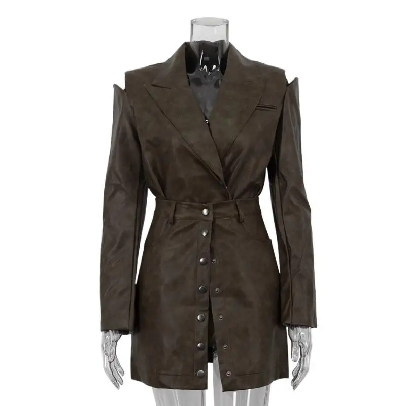 

2026 Female Elegant Long Sleeve Blazer With High Waist Mini Skirt Set Women's Fashion Loose Khaki Office Two Pieces Set