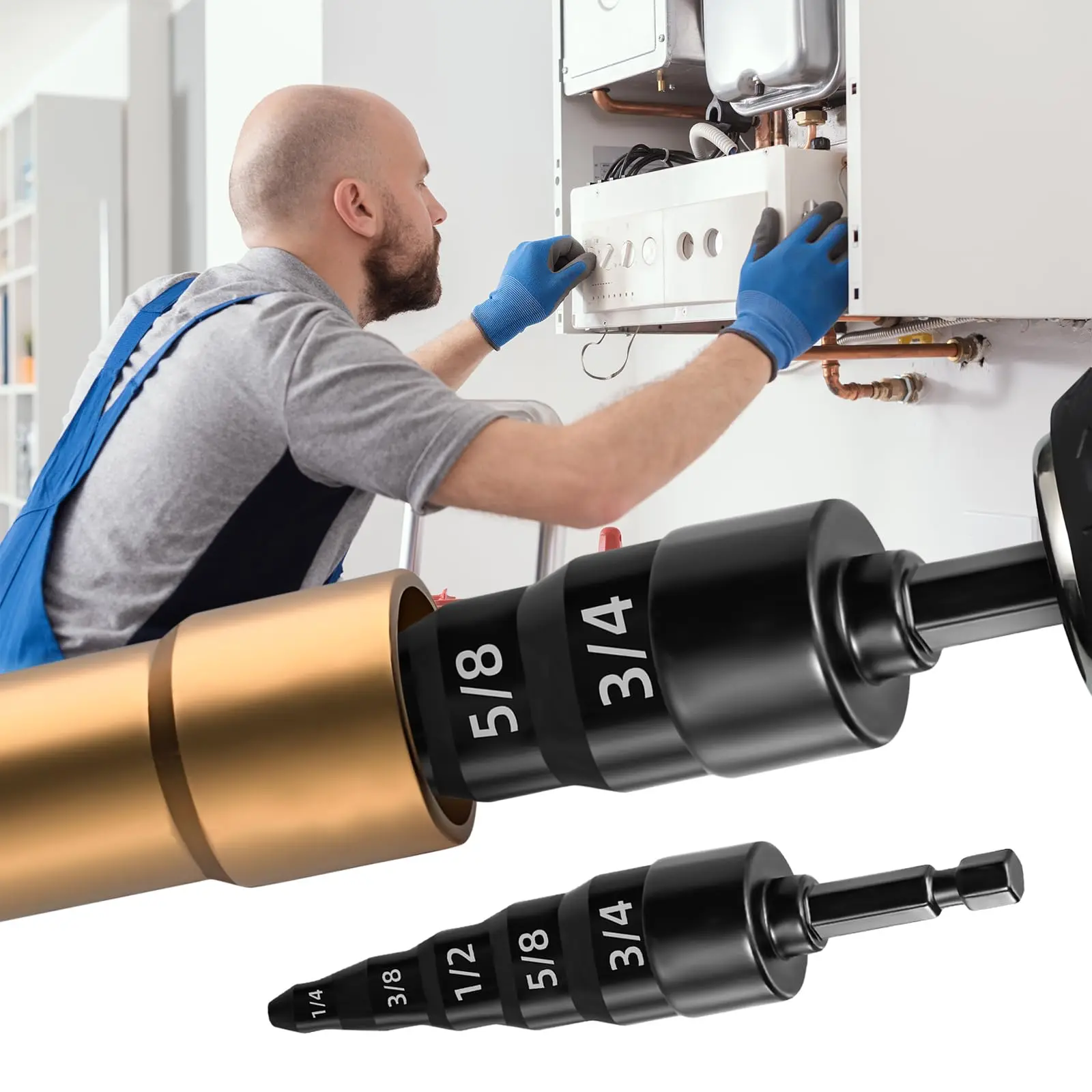 Swaging เครื่องมือ 5 in 1 Air Conditioner ท่อทองแดง Expander Swaging เจาะชุด Bit Hex Shank, 1/4, 3/8, 1/2, 5/8, 3/4 Bits