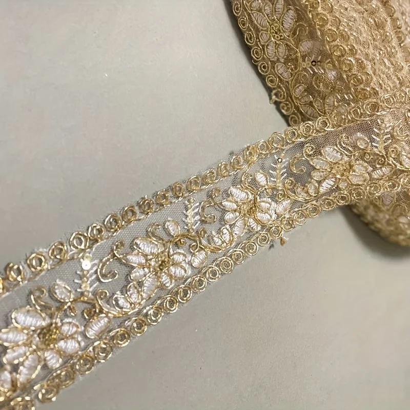 10 Yards Golden Thread Embroidery Lace Ethnic Lace with Netting Suitable for a Variety of Scenarios