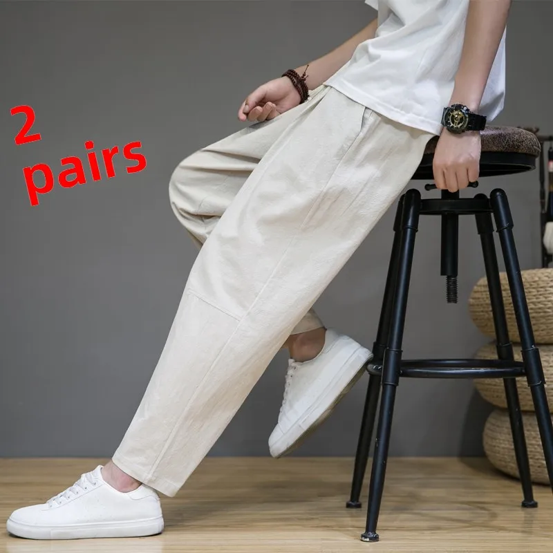 

Мужские свободные брюки из льна и хлопка, укороченные, летние, повседневные, спортивные, прямого кроя, комфортные, дышащие