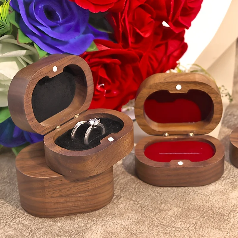 Large Oval Black Walnut Ring Box, Engraved Jewelry Gift Box, Vintage Case for Proposal & Couples