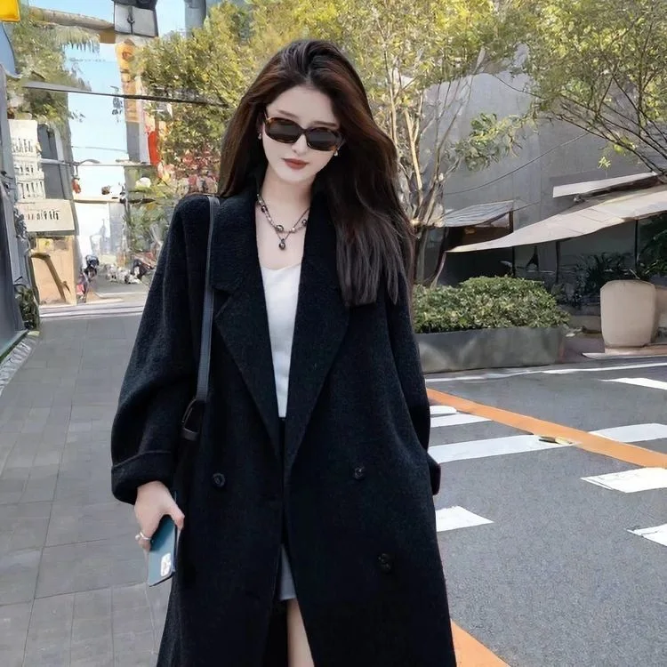 Dámský dlouhý kabát z ovesné kaše s dlouhým rukávem, luxusní, ležérní, s kapsami, dlouhý, 2025, podzim/zima, středně dlouhý kabát, bunda, módní, ležérní styl - náhled 2