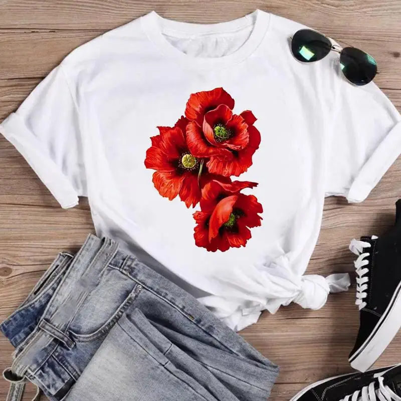 Print Fashion Watercolor Spring Flower 2022 Women Cartoon Short Sleeve Graphic T Top Summer Shirt Tshirts Female Tee T-Shirt