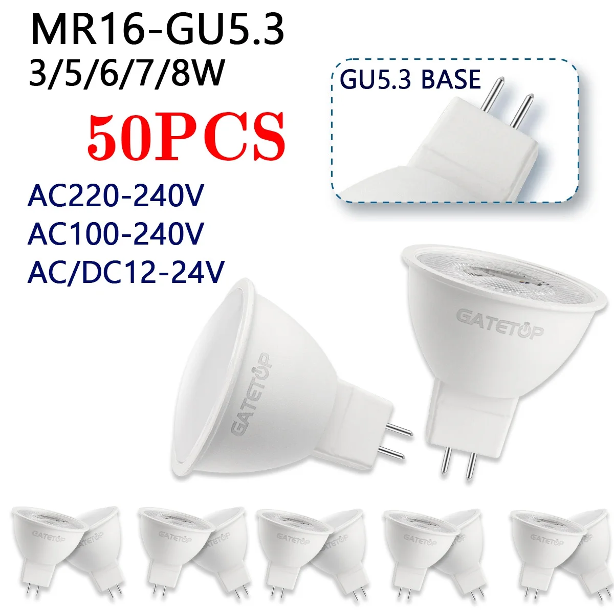 

50PCS MR16 GU5.3Base LED Spotlight Bulbs AC12V/110V/220V Replace 50W Halogen Lamp Energy Saving Directional Lighting for Bedroom