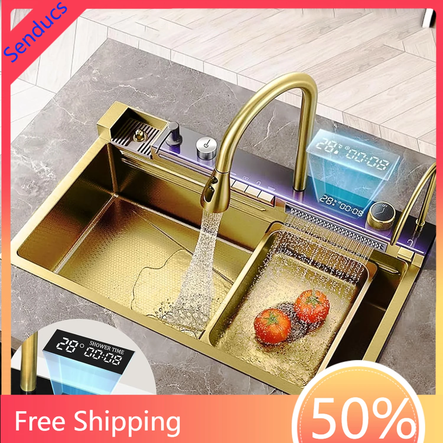 Feiyu Stainless Steel Kitchen Sink with Hot Cold Pull Out Waterfall Digital Kitchen Sink Mixer Faucets Single Bowl Kitchen Sinks