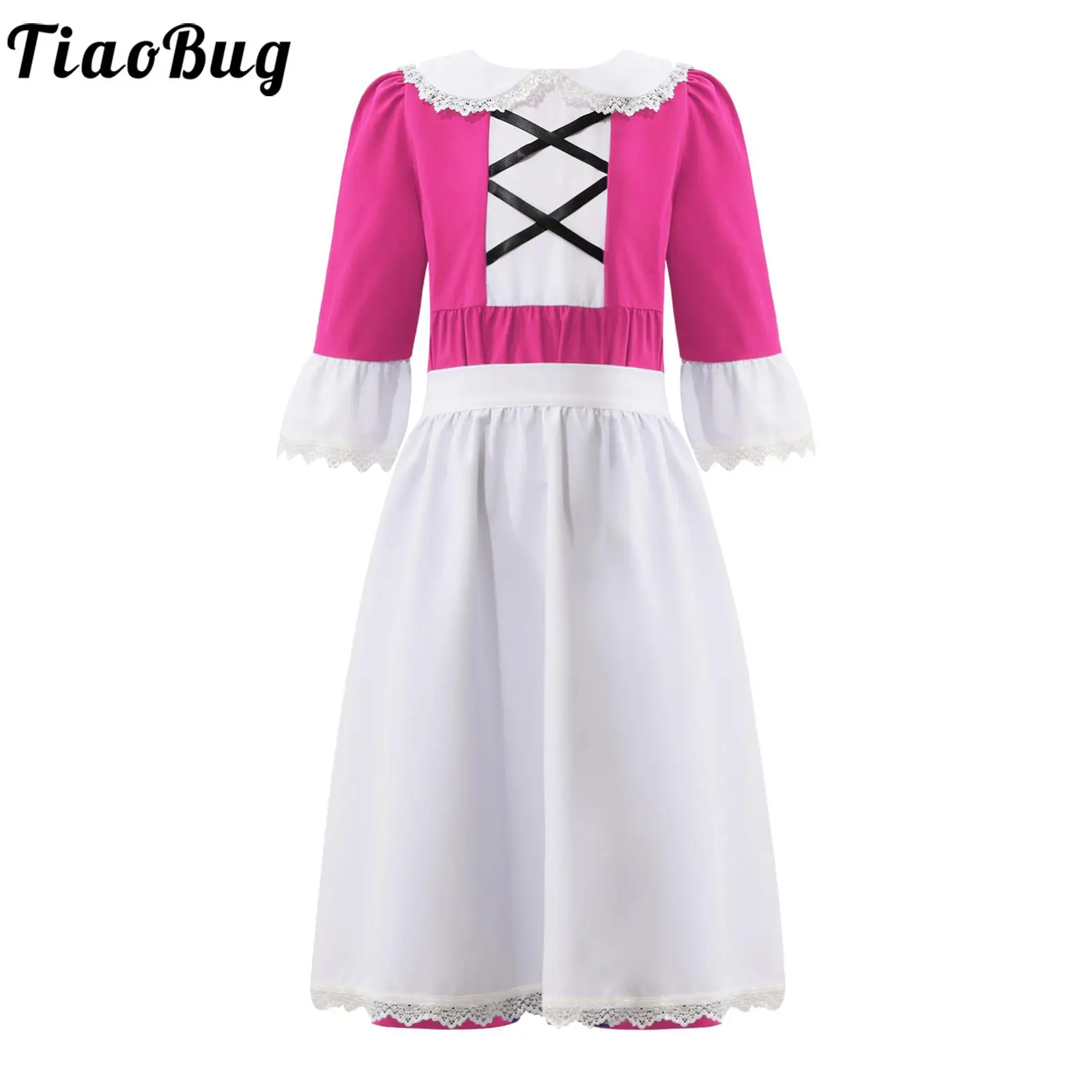 

Kids Girls Colonial Maid Costume Halloween Party Medieval Renaissance Cosplay Lapel Collar Short Flared Sleeve Dress with Apron