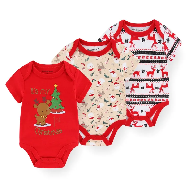 2022 Unisex Chrismas Romper 3Pieces New Born Baby Girl Clothes Cotton Short Sleeve Baby Boy Clothes 0-12M Cartoon Summer Bebes