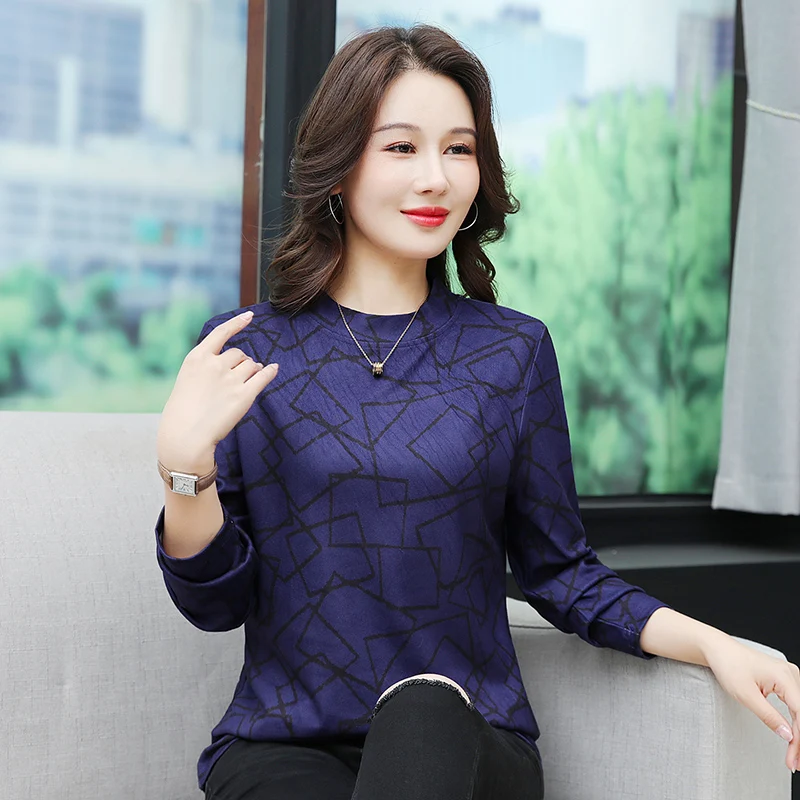 เสื้อยืดคอกลมแขนยาวพิมพ์ลายแฟชั่นสำหรับผู้หญิงวัยกลางคน  ใส่สบายๆ สไตล์ลำลอง  สำหรับฤดูใบไม้ร่วง