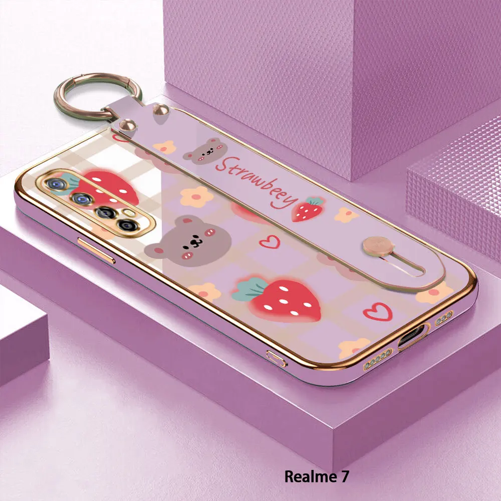 

(With Wristband) For Realme 7 4G 5G 7i Strawberry Back Cover Case Luxury Plating TPU Phone Cases For Realme 7 Pro