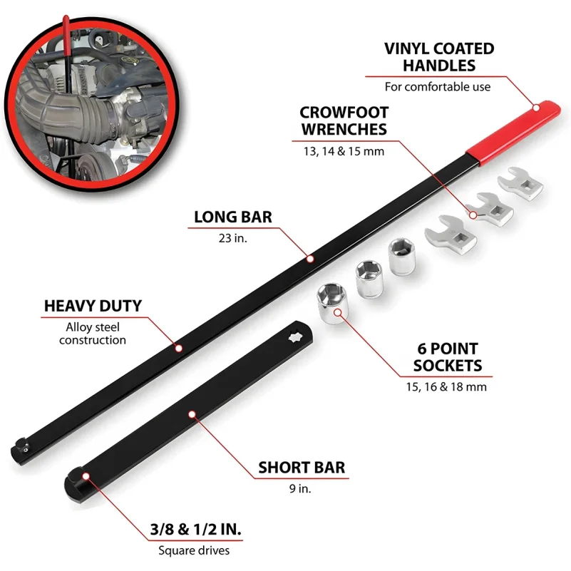 

Universal Serpentine Belt Tensioner Tool Kit 8PCS 3/8" & 1/2" Drive Adjustable Wrench for Automotive Repair
