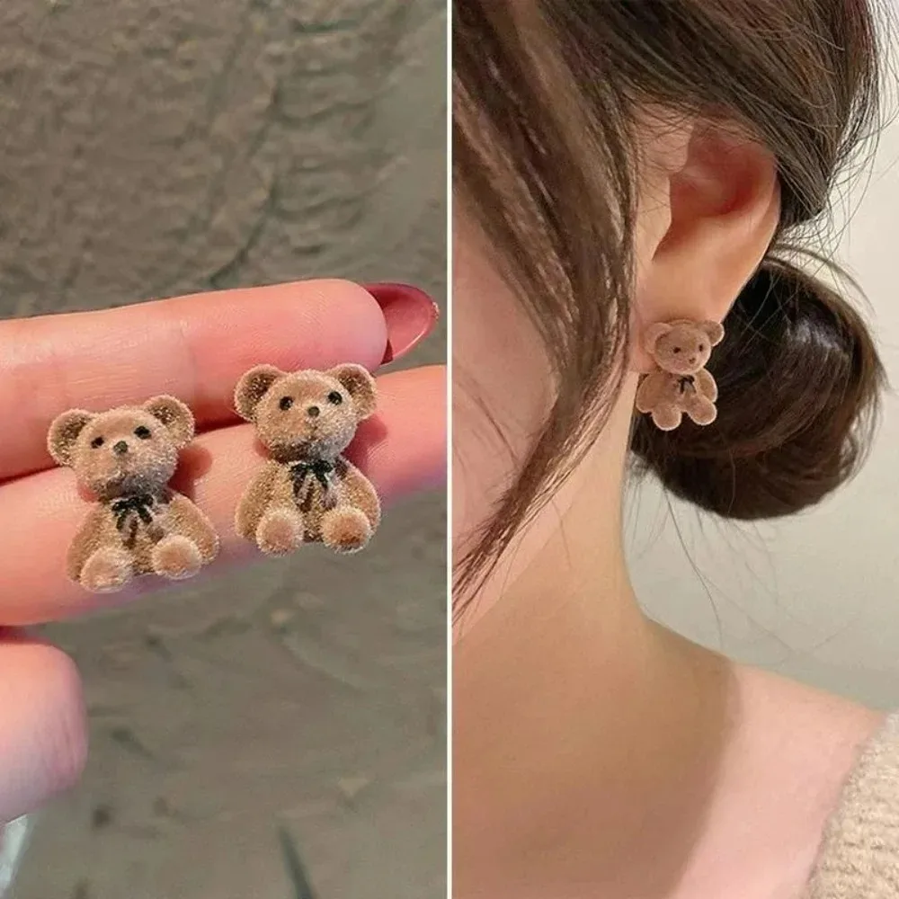 SUMENG 2025 New Cute Brown Khaki Flocking Plush Bunny Bear Earrings for Women Korean Fashion Jewelry Accessories Girls