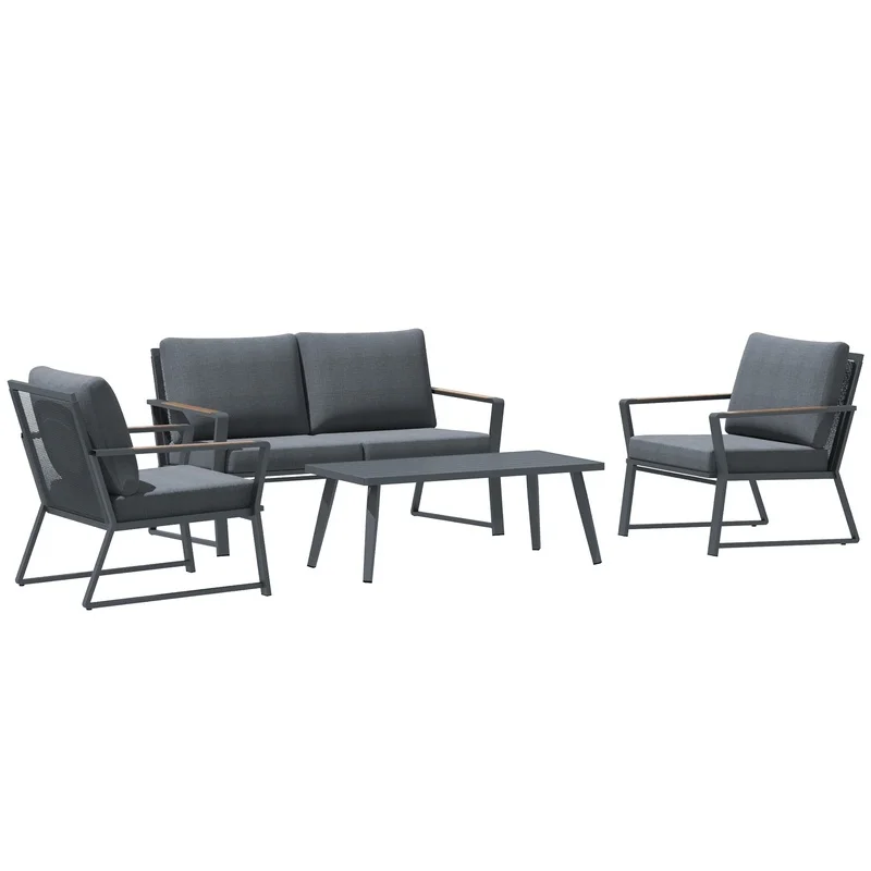 

4-Piece Outdoor Patio Furniture Set, Aluminum Garden Sofa with Loveseat, Armchairs, Coffee Table, and Cushions, Dark Grey