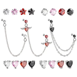 1Pcs Stainless Steel Chain Double Hole Fashion Heart Round Star Zircon Cartilage Earring for Women Helix Piercing Dangle Jewelry