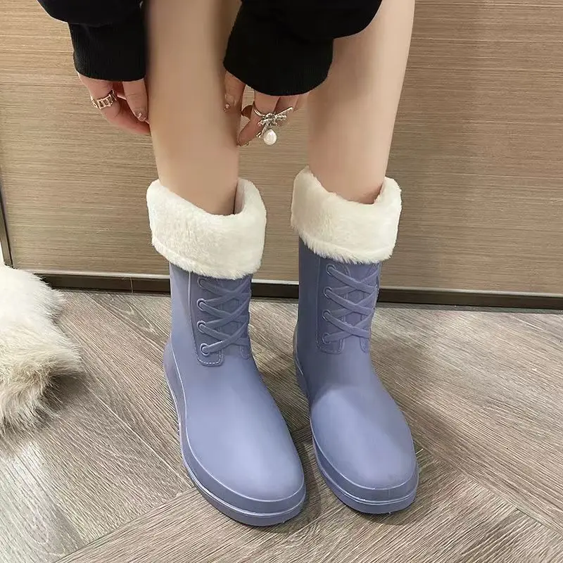 

New Women's Four Seasons Rain Boots Waterproof Mid-Calf Garden Work Rubber Shoes With Cotton Covers For Car Washing Water Shoes